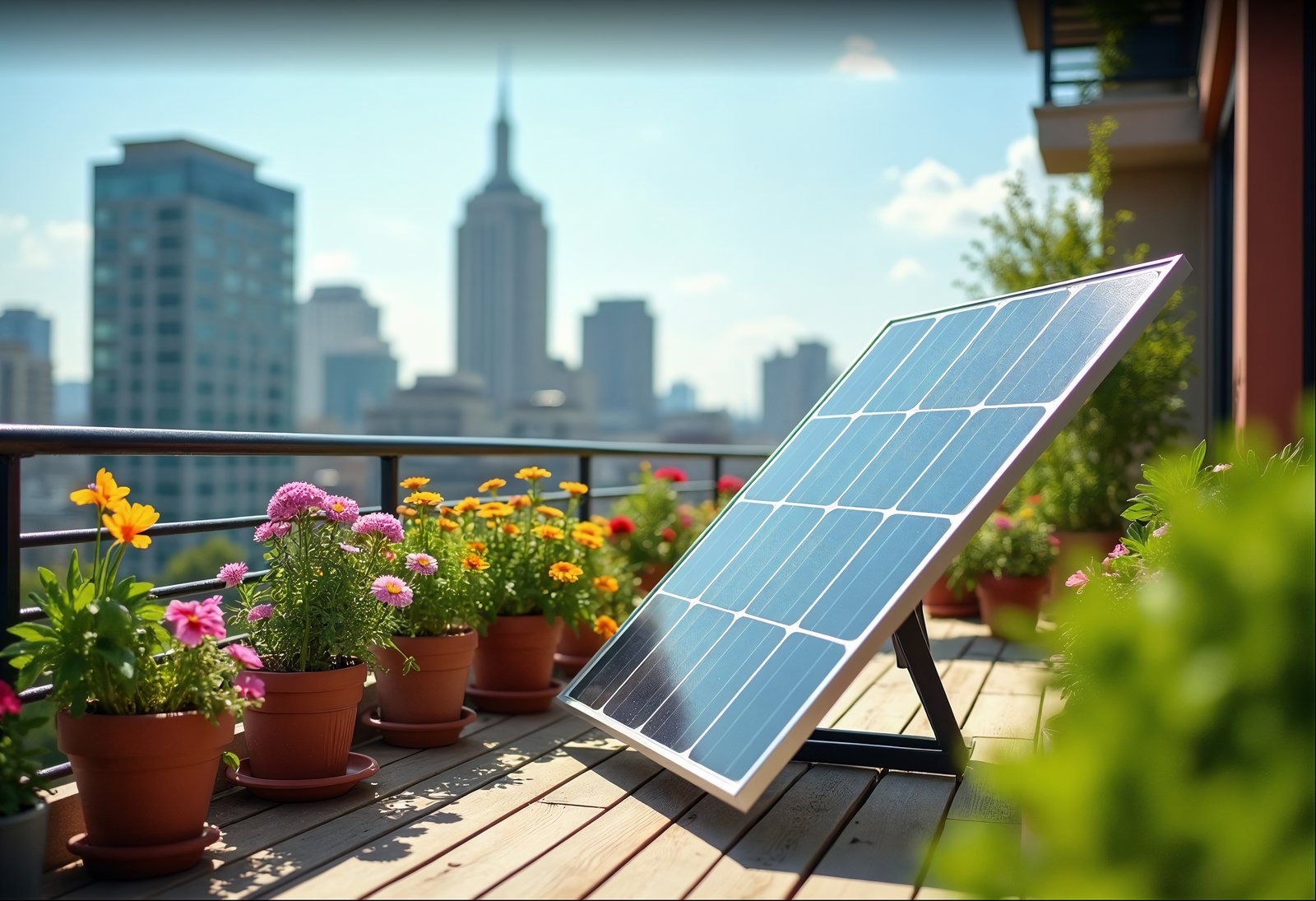 A happy family standing in front of their modern home with solar panels on the roof.